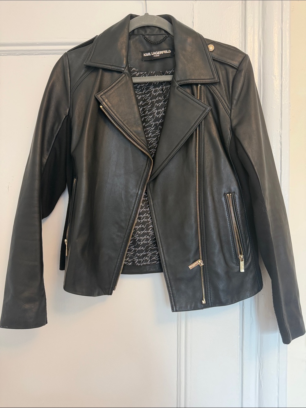Karl Lagerfeld Black Leather Asymmetrical Zip Moto Jacket